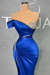 Sexy Off Shoulder Royal Blue Ruffles Fashion Prom Dress with Beading